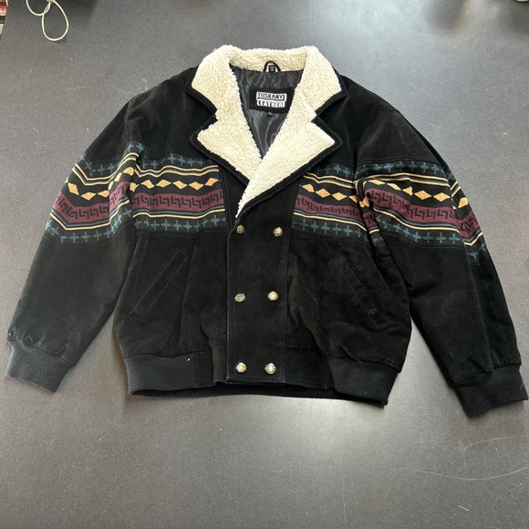 VTG Tuskany Jacket Mens Large Leather Aztec Western Bomber Suede Southwestern - Picture 1 of 9